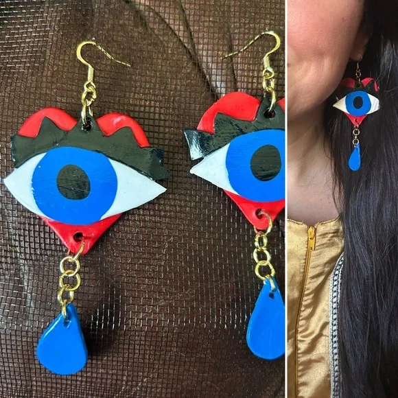 Handmade clay evil eye sacred heart earrings - Picture 1 of 5